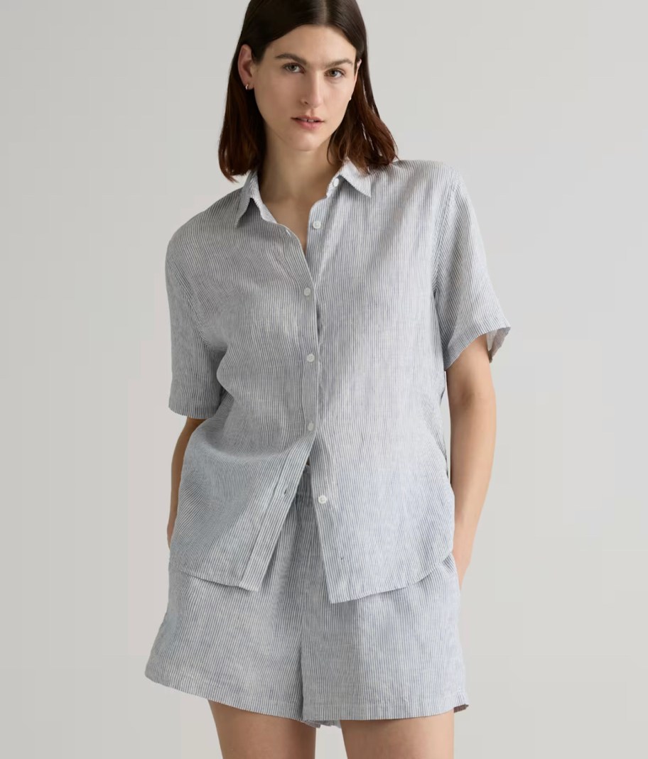 woman modeling pinstripe short pajamas