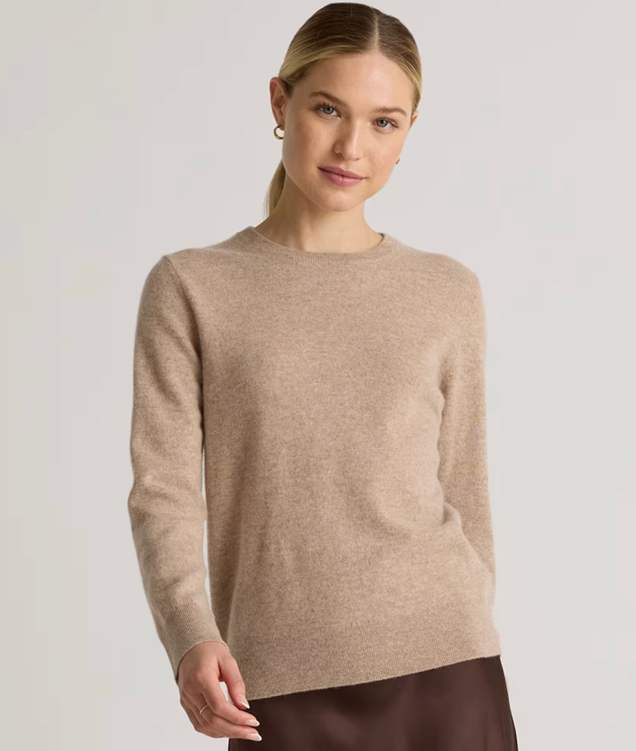 woman modeling brown pullover sweater