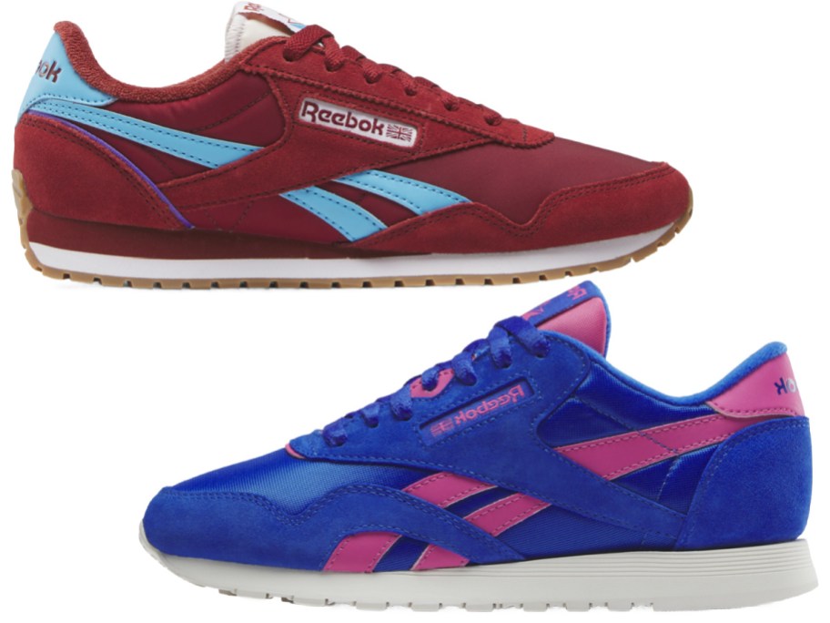 Two pairs of Reebok classic shoes in red and blue.