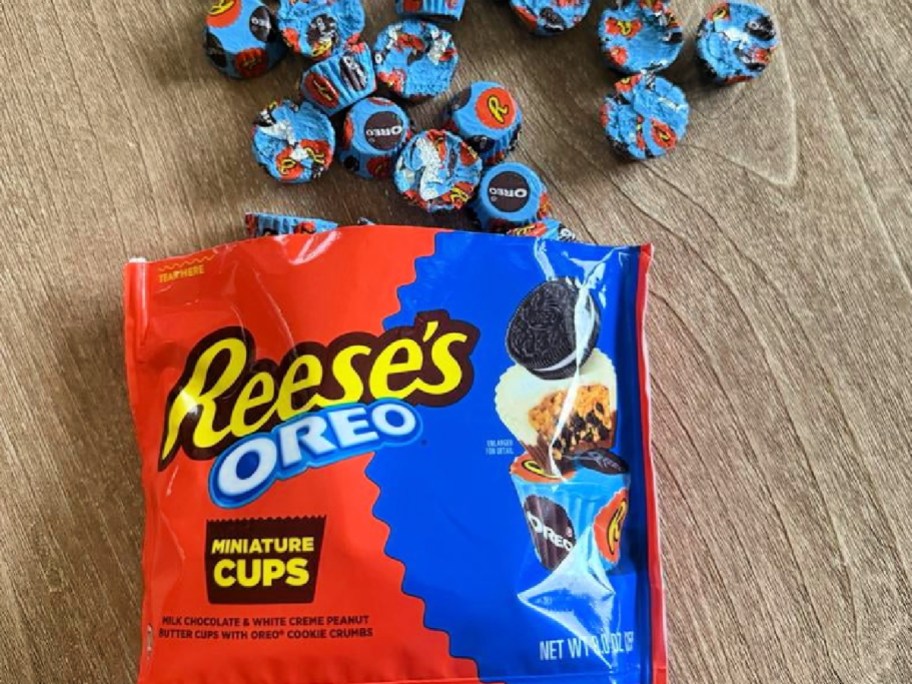Reese's Oreo mini cups open bag on wooden countertop