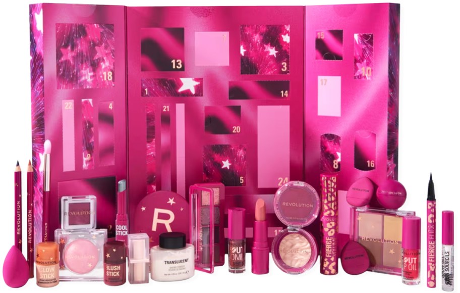 mini beauty products in front of a pink advent calendar box