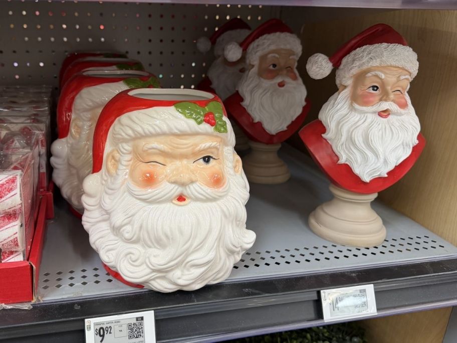 winking Santa head mug and vintage statue