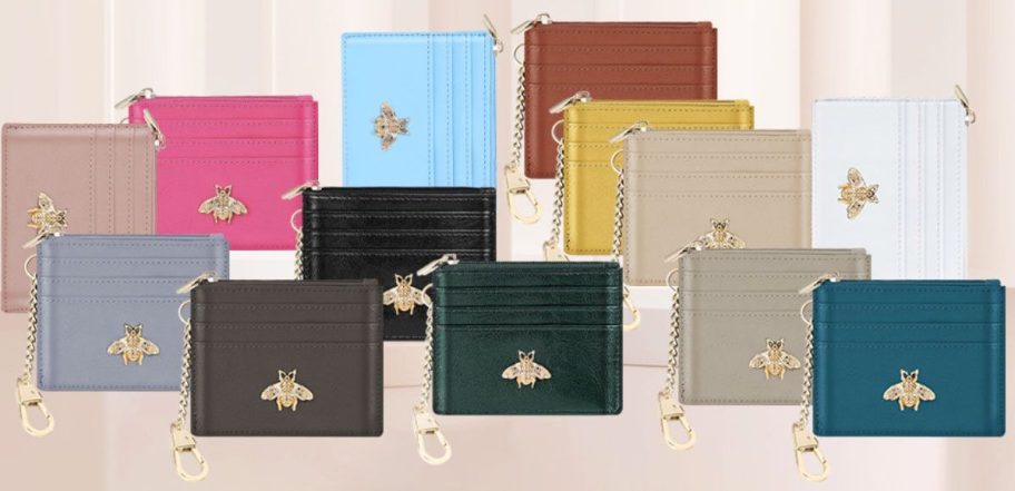 small wallets in different colors displayed on top of the table 