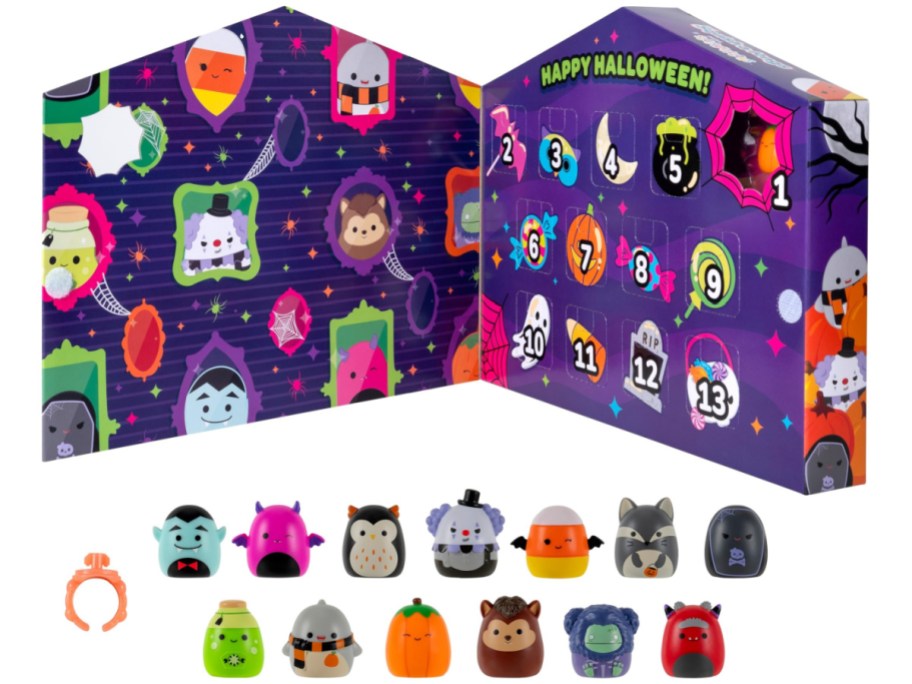 Squish-a-Longs Halloween countdown calendar with an open numbered door board and a collection of mini character figures displayed below.