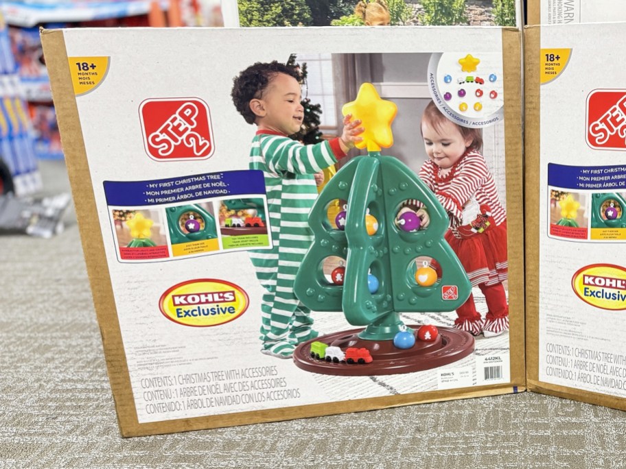 box for the Step2 My First Christmas Tree on floor of store