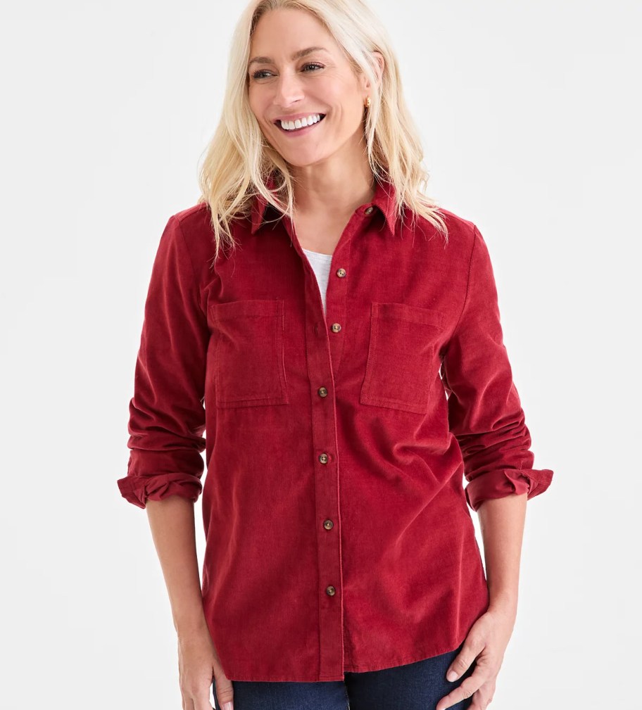 Women modeling bright red corduroyed shirt 