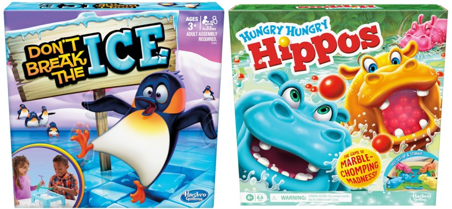 board game boxes for Don't Break The Ice and Hungry Hungry Hippos