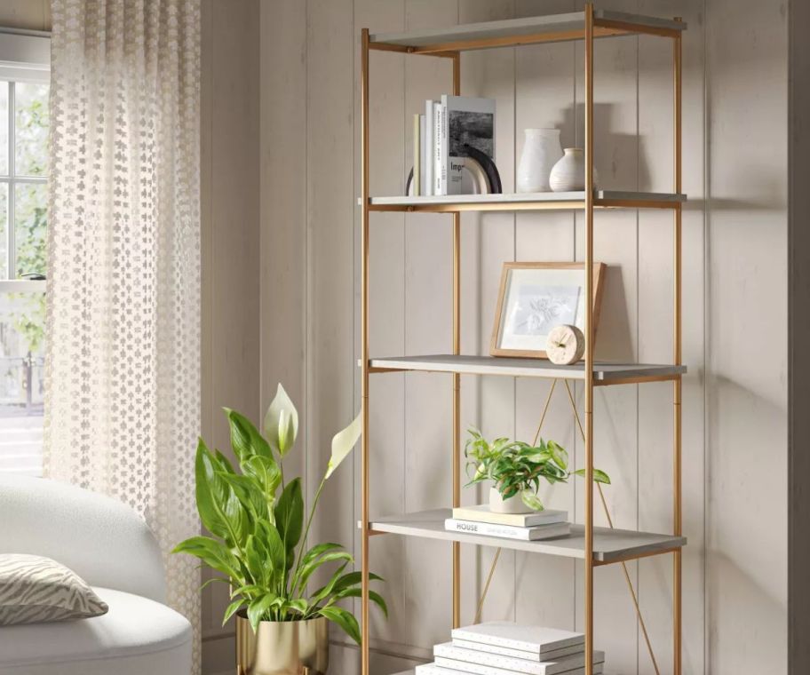 A shelf in a living room