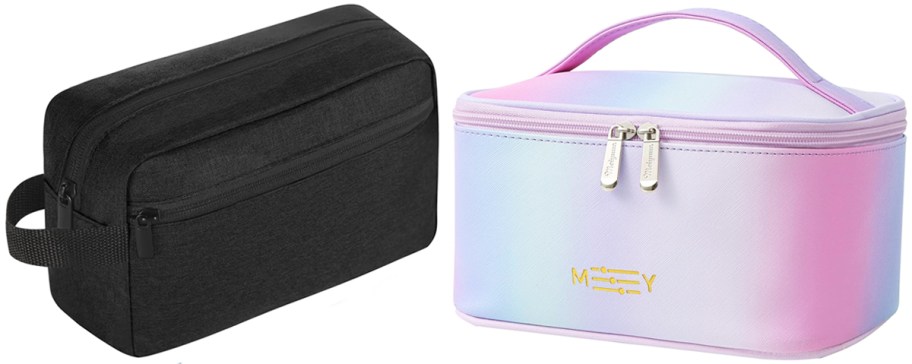 solid black and blue/pink ombre colored toiletry bags