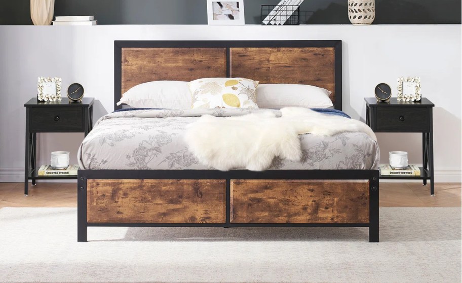 rustic bedroom set with black nightstands in bedroom