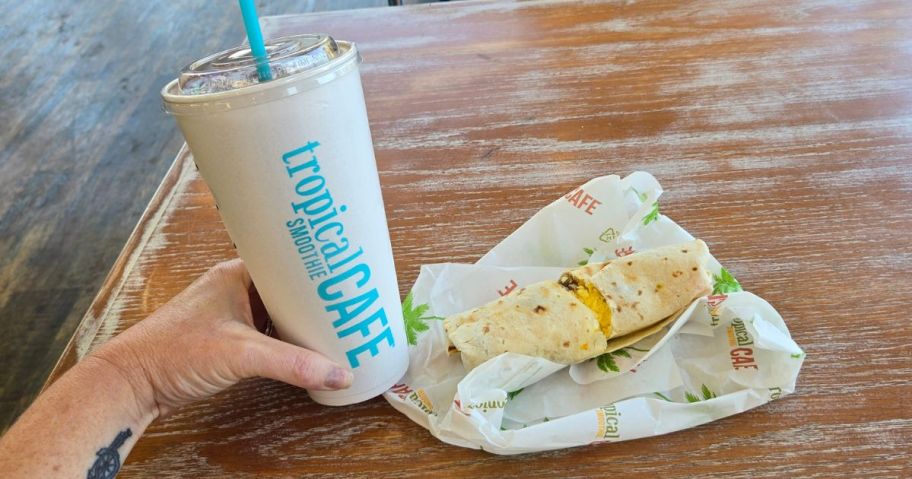 A 24oz Tropical Smoothie and a breakfast Wrap