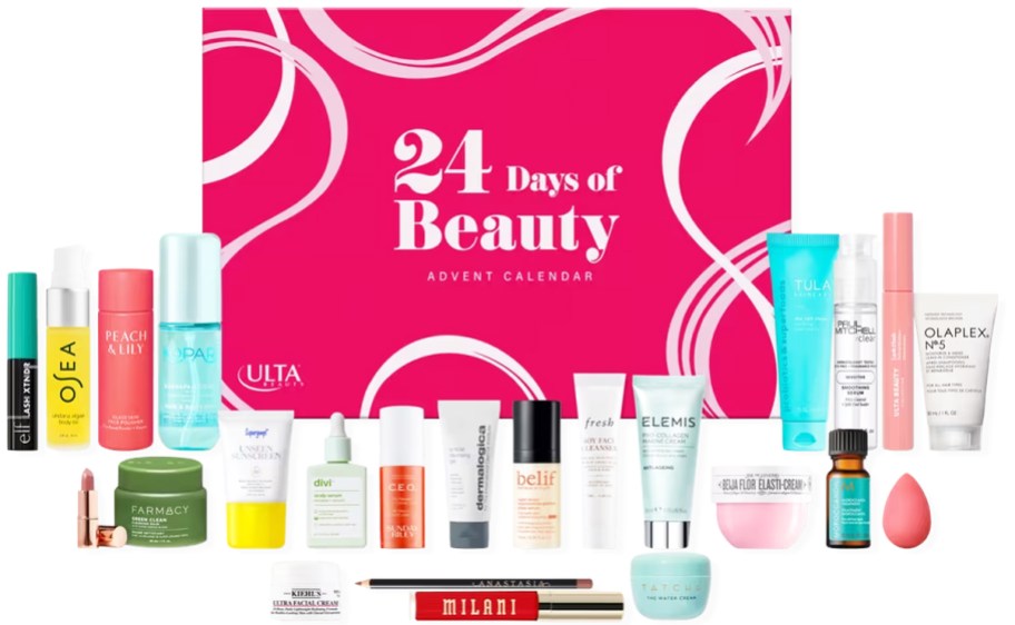 mini beauty products in front of an advent calendar box