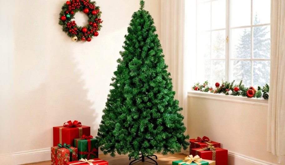 6 foot undecorated christmas tree surrounded by wrapped gifts. 