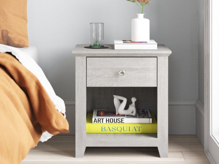 Gray Nightstand with Drawer and Open Compartment and added books underneath