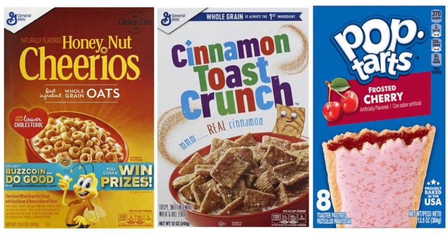 two boxes of cereal and a box of pop-tarts