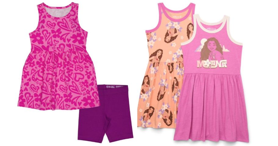 bright pink girl's clothing: a dress with shorts and 2 dresses with Moana on them