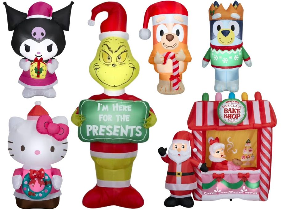 6 Christmas inflatables including Bluey, Bingo, The Grinch, and more