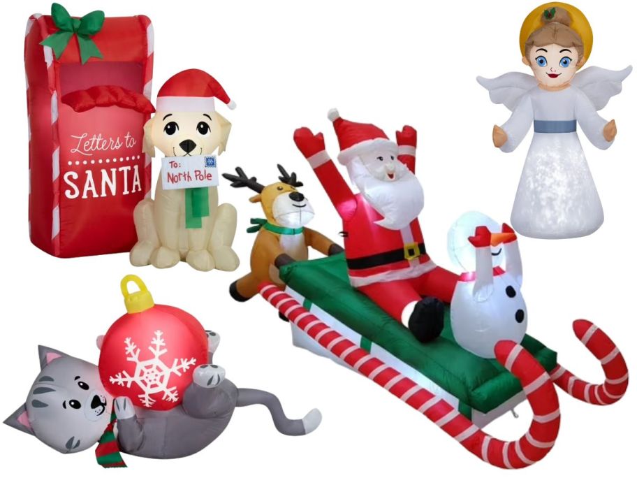 4 Christmas inflatables including a kitten, dog, angel, and more