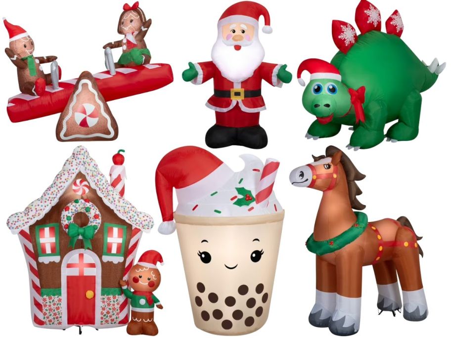 6 Christmas inflatables including santa, dino, boba tea, and more