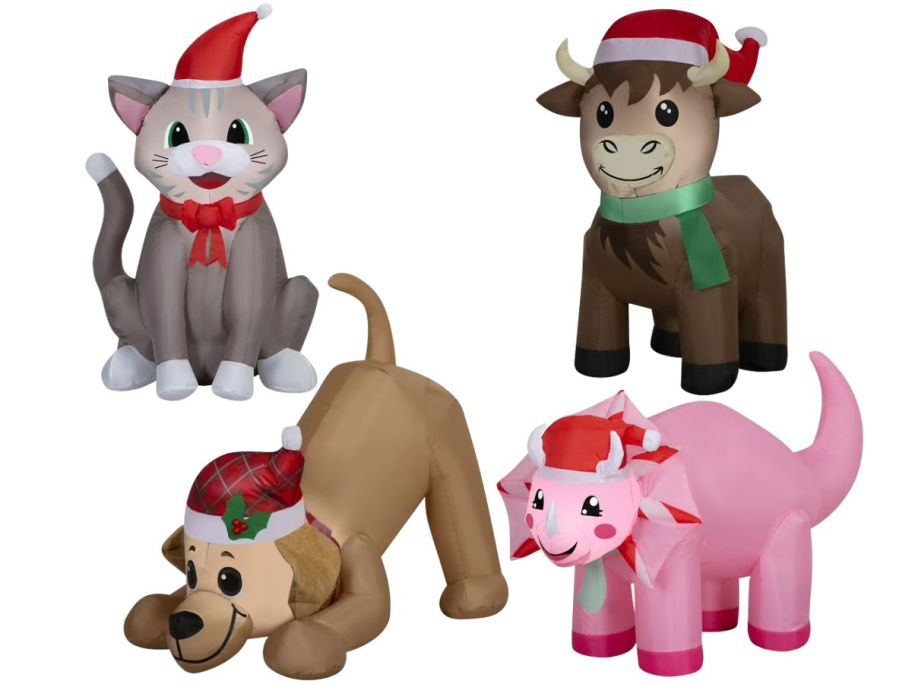 4 Christmas inflatables including a cat, dog, pig, and cow