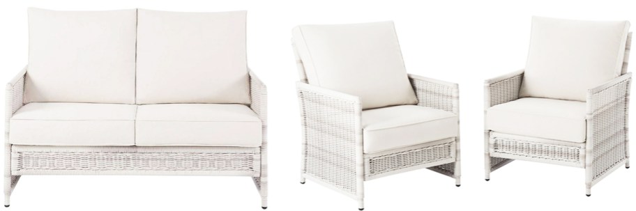 white wicker loveseat and chairs