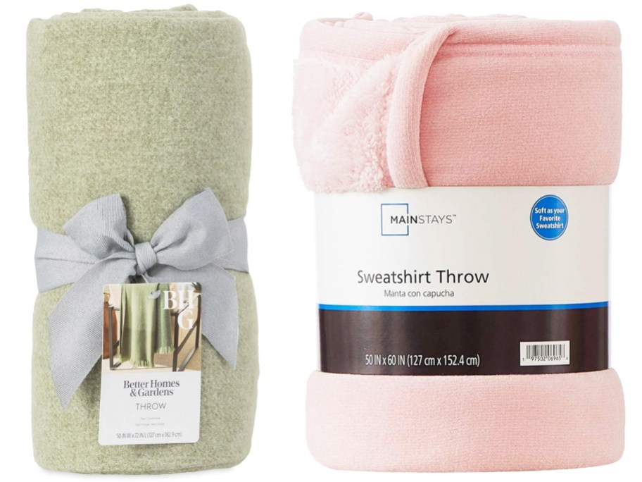 rolled up green and pink throw blankets