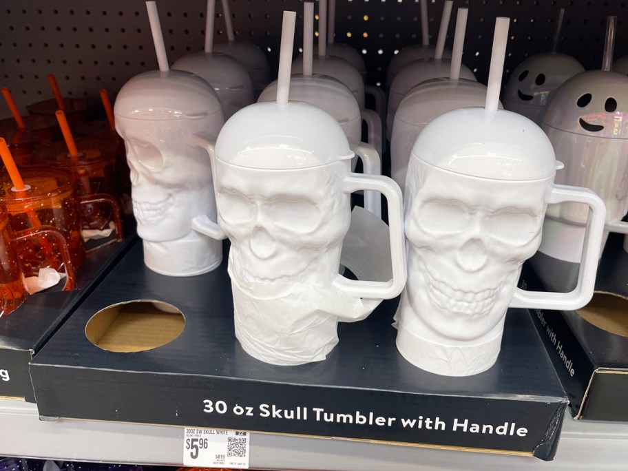 white skull shaped tumblers on store shelf