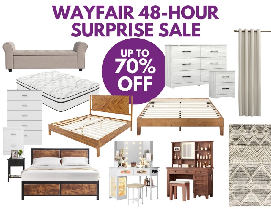 wayfair 48 hour surprise sale collage of various furniture items