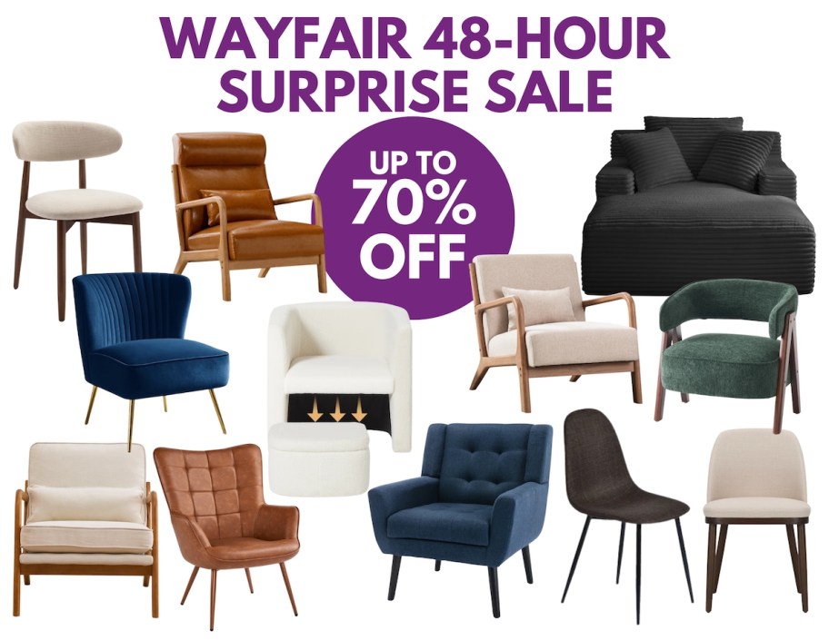 Various kinds of dining chairs accent chairs and lounge chairs for Wayfair 48 hours surprise sale