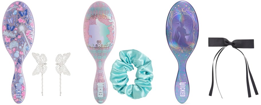 three wicked themed hair brushes with accessories