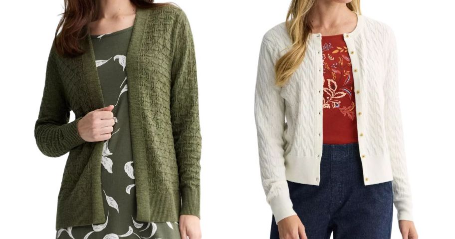 Women's green Croft & Barrow Pointelle Cardigan Sweater and white Extra Soft Classic Cable Knit Cardigan