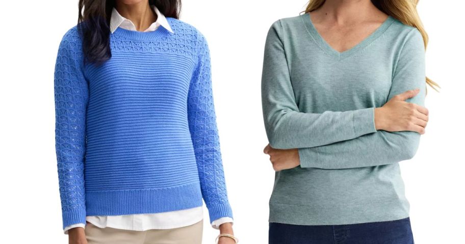 Women's blue Croft & Barrow Pointelle Yoke Textured Pullover Sweater and green The Extra Soft V-Neck Sweater