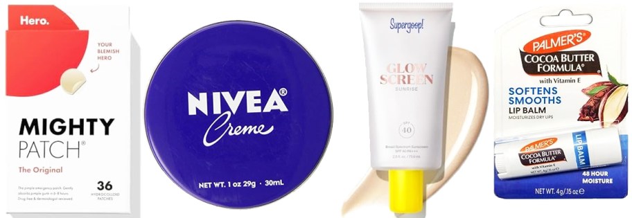 mighty patch, nivea, supergoop, and palmers skincare products