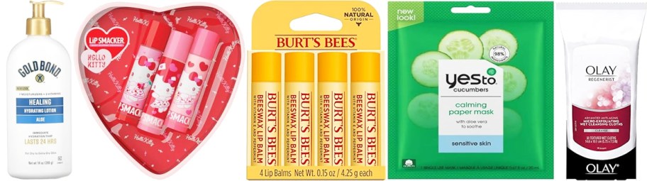 gold bond, lip smackers, burts bees, yes to cucumbers, and olay skincare products