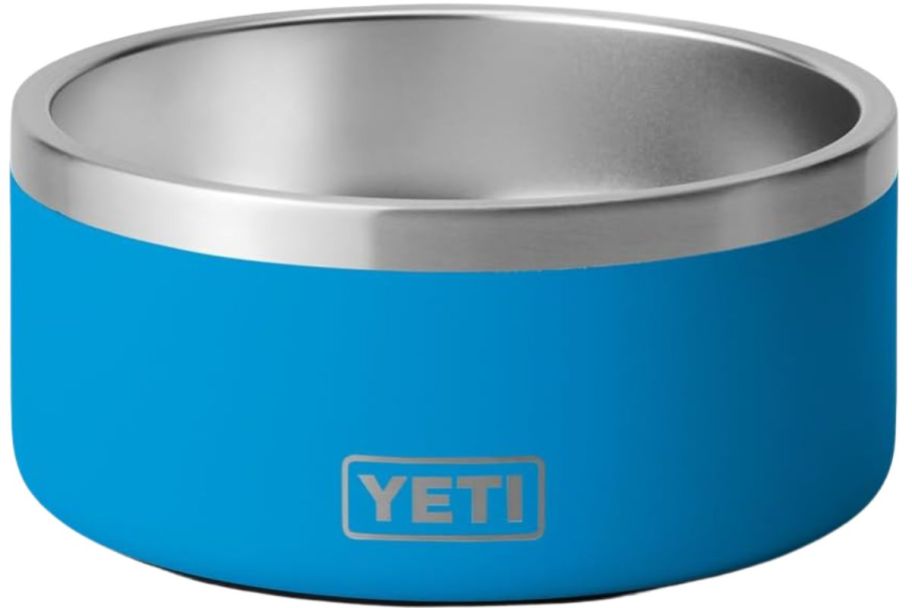 A blue and silver YETI dog bowl