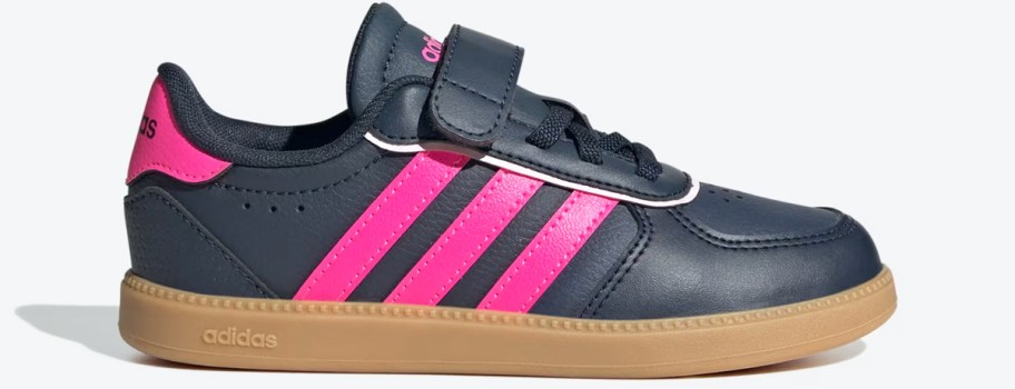 black faux leather sneaker with hot pink stripes
