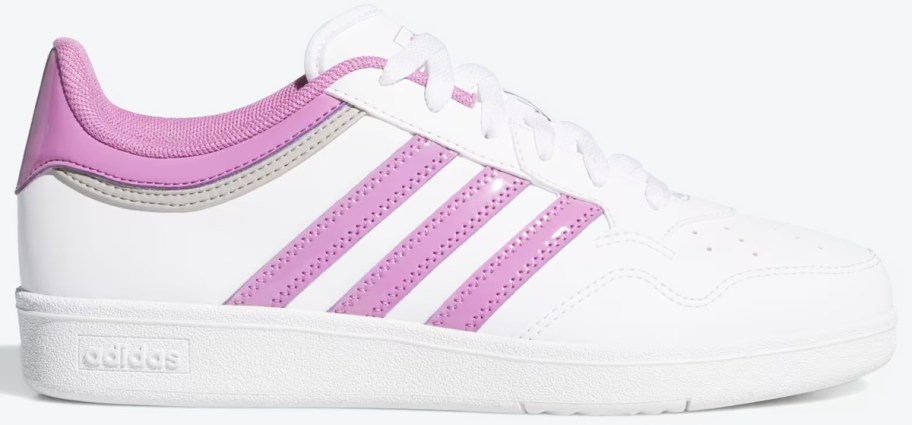 white sneaker with 3 purple stripes