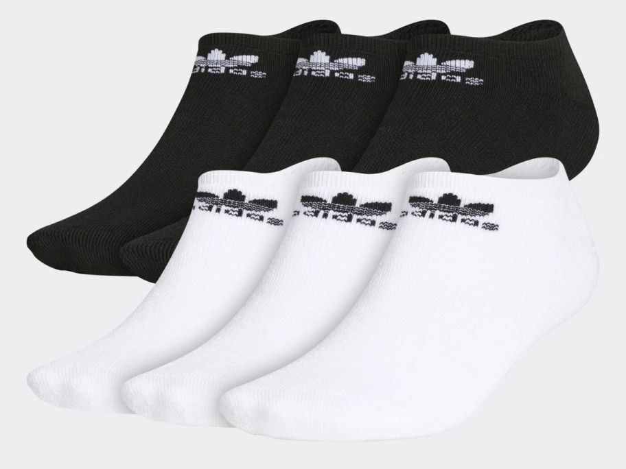 6 pairs of adidas no-show socks. 3 white & 3 black 