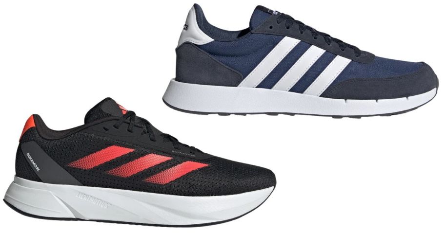 two sneakers: black and red and a blue and white 