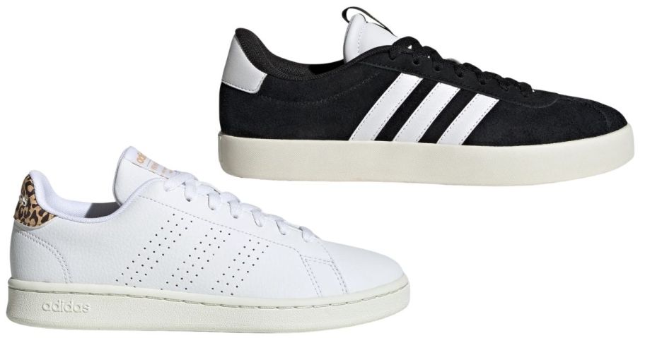 two sneakers in black and white and in white 