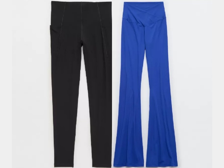 Black leggings and royal blue flared leggings side by side on a white background.