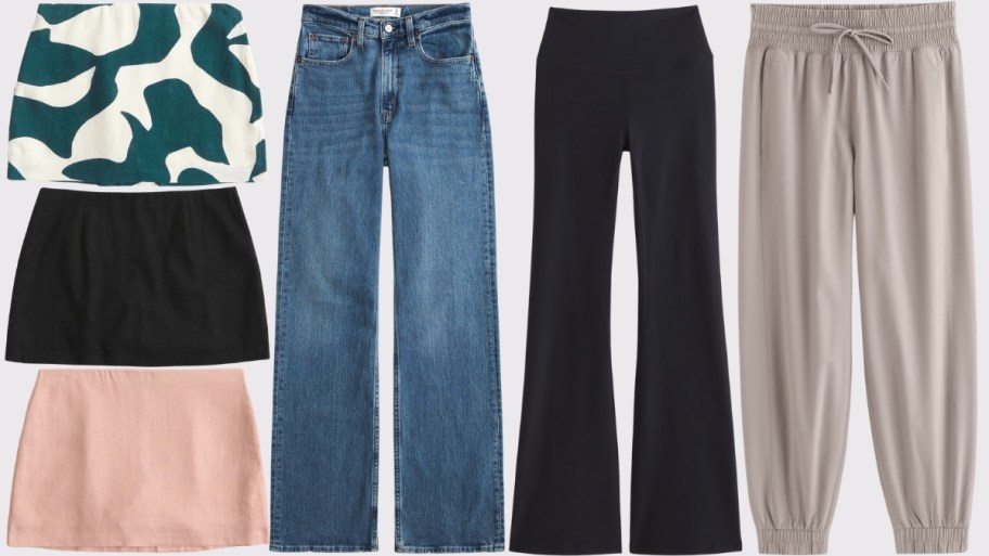 three linen skorts, a pair of jeans, a pair of flare pants and a pair of joggers