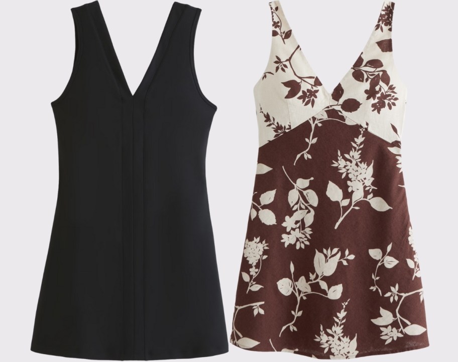 black A&F active dress and brown and white floral print linen dress
