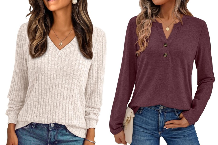 women in white sweater and purple long sleeve with buttons
