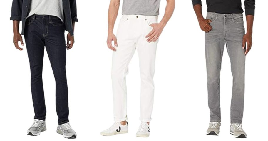 three men wearing amazon essentials jeans
