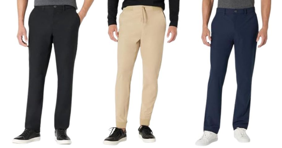 three men wearing amazon essentials pants