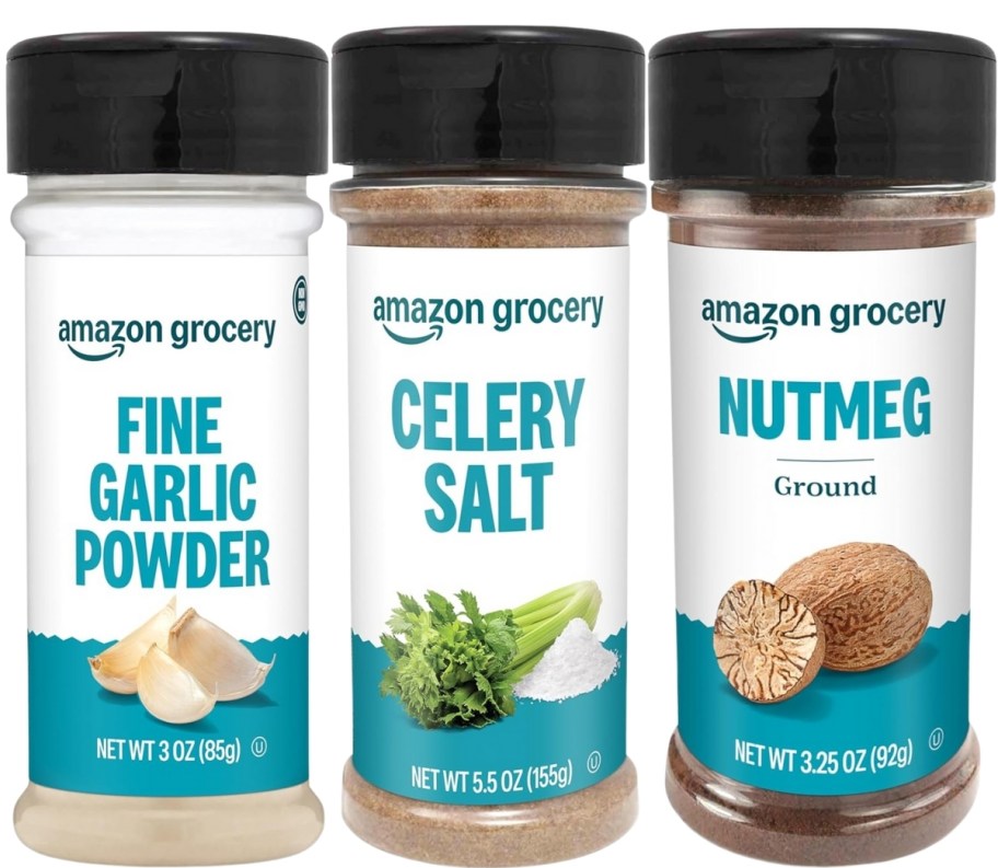 fine garlic powder, celery salt and nutmeg spice bottles