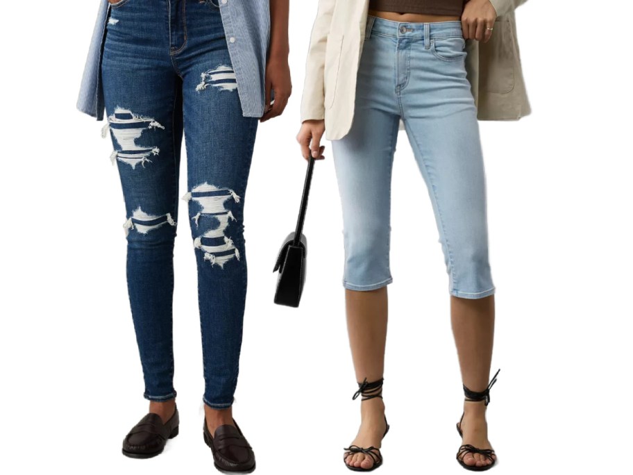 Two women wearing different styles of jeans from American Eagle.