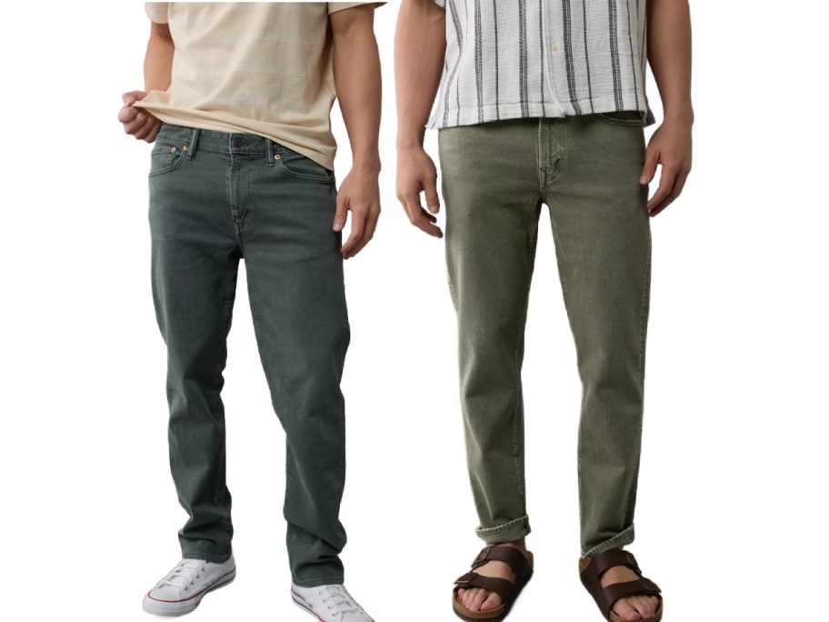 Two men wearing different styles of American Eagle jeans.