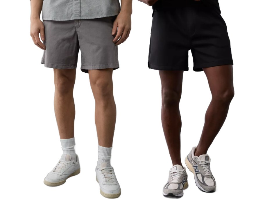 Two men wearing different styles of American Eagle shorts.